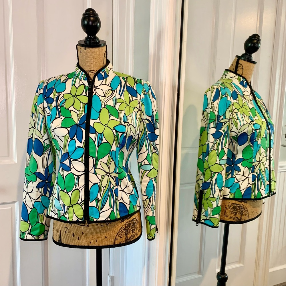 Maggie London Petites Modern Floral Zip Up Jacket Blazer Mandarin Collar 4
